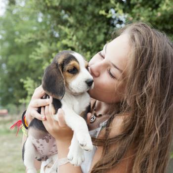 Uma menina segura um filhote de cachorro. O filhote é a idade mais comum de adoção de cachorros para crianças. 