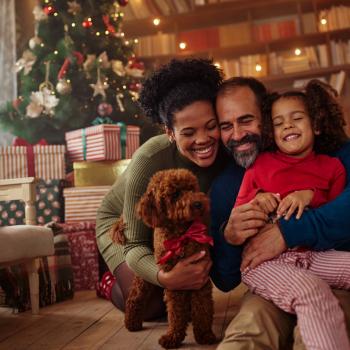 Homem e mulher abraçados com a filha e um cachorrinho no chão, na sala de casa em frente a uma árvore de natal