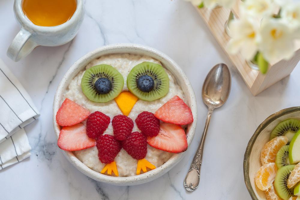 Foto de um mingau de aveia com frutas formando a imagem de uma coruja, que é um exemplo de alimento probiotico